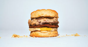 SWEET MAPLE PANCAKE SANDWICH WITH SAUSAGE & EGG